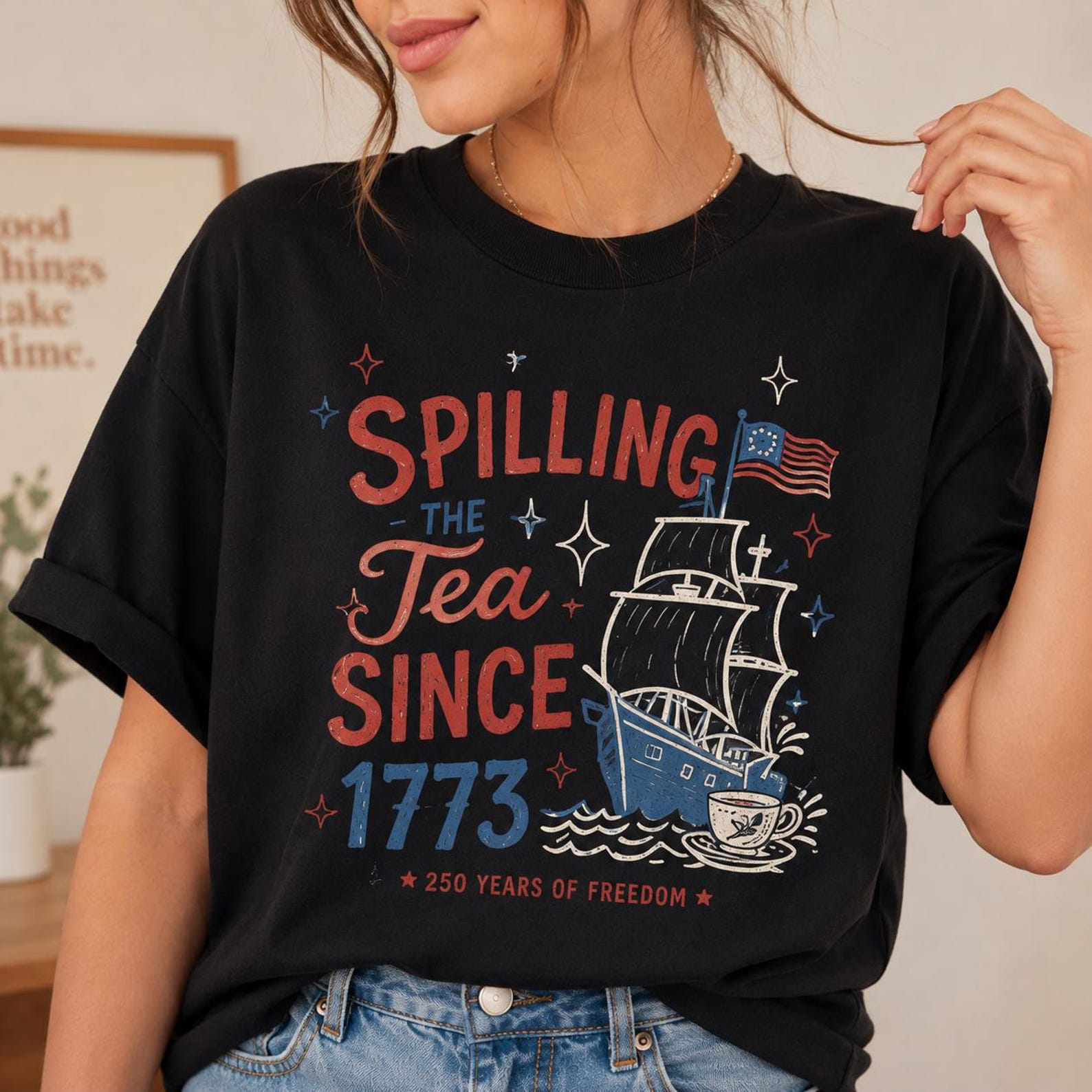 Spilling Tea Since 1773 Shirt, Retro Patriotic Graphic Tee, American History T-Shirt 2XL