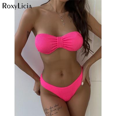 5 Colors Wrinkled Bandeau Bikini Women Swimwear Female Swimsuit Two-pieces Bikini Set Padded Bather Bathing Suit Swim Lady