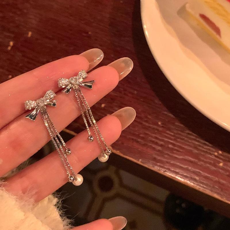 925 silver needle flash diamond bow fringed earrings women s design sense long pearl earrings popular earrings
