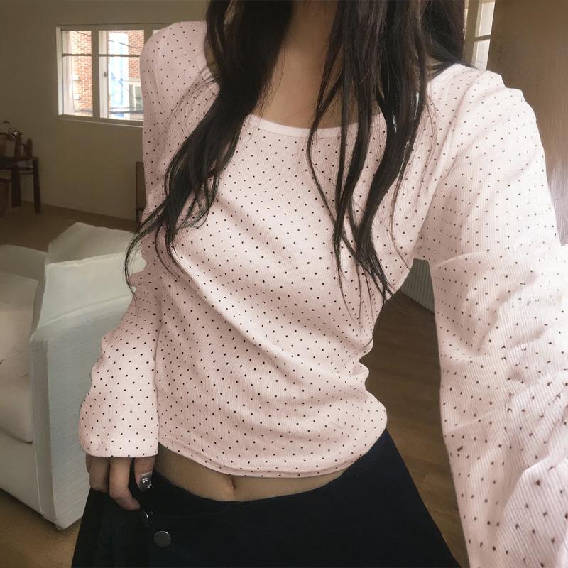 Damen gepunktete Langarmbluse quadratischer Ausschnitt schmale Passform lässiges Oberteil für den täglichen Look