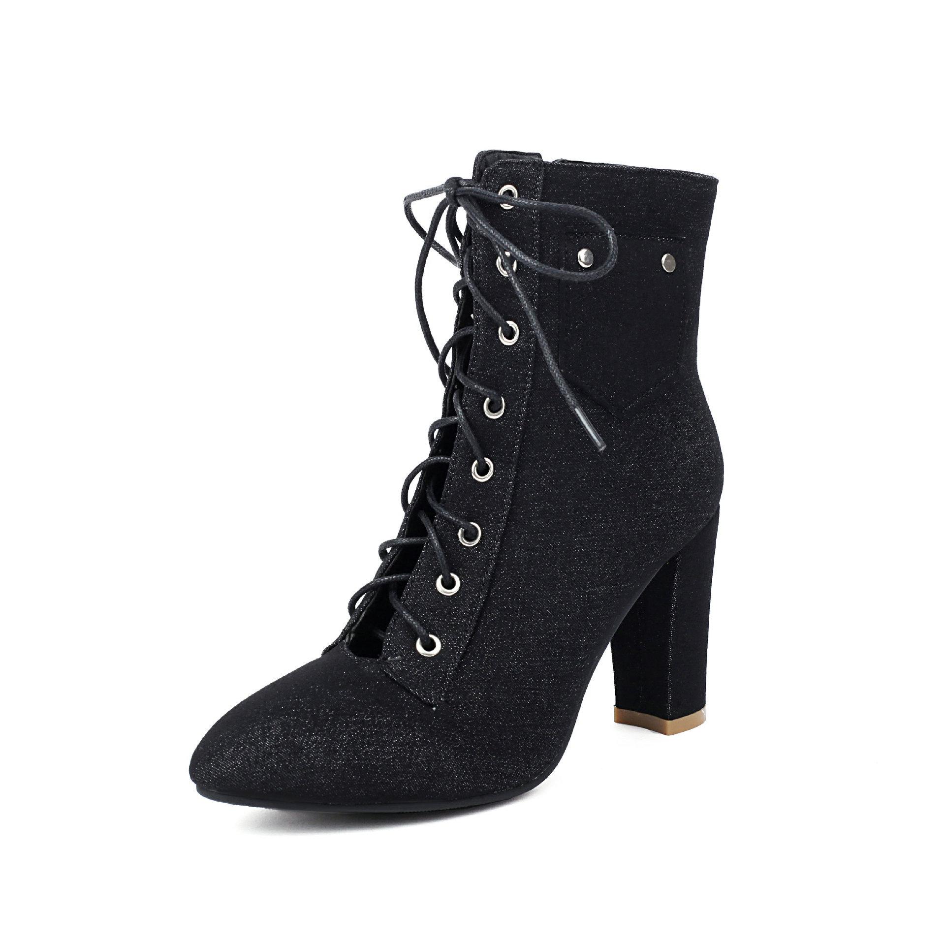 

Новые женские короткие сапоги из джинсовой ткани с круглым носком, толстый каблук, высокий каблук, полые, синего цвета, и ботильоны сбоку 35 чёрный