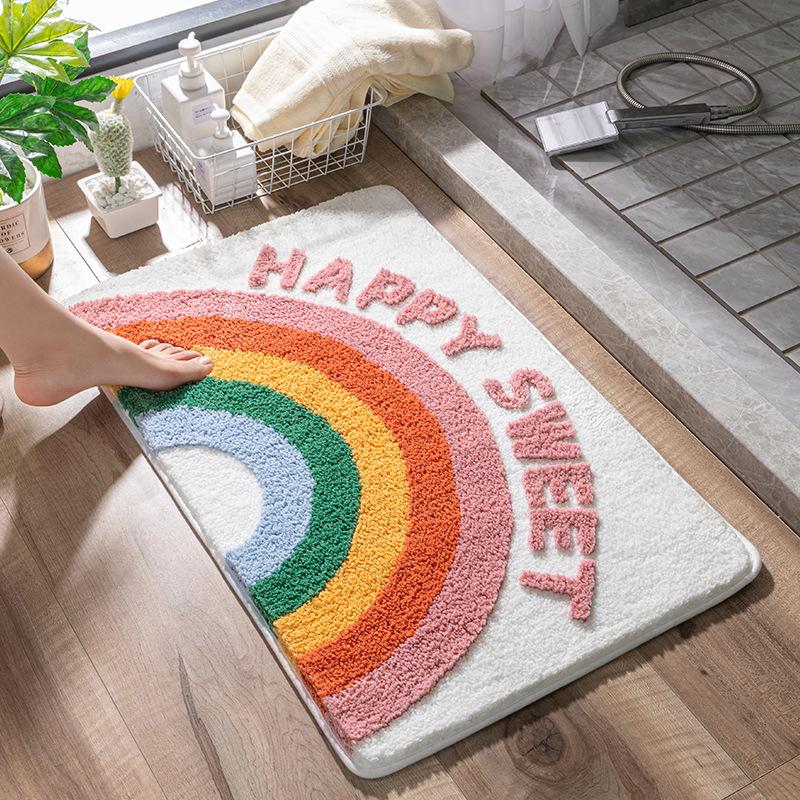 Inyahome Happy Sweet Bathroom Rug Mat Non Slip Fluffy Soft Plush Bath Floor Carpet Ultra Water Absorbent Bath Rug for Tub Shower