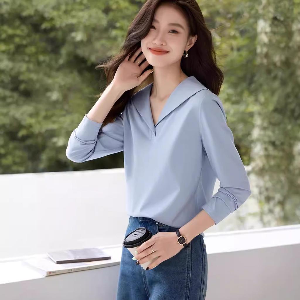 Maglietta a maniche lunghe con scollo a V blu navy Autunno Nuova Casual Basic Versatile Maglietta da donna