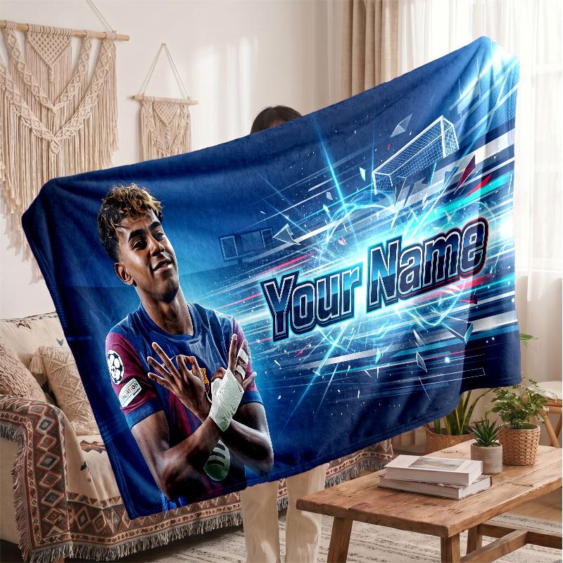 Coperta in pile personalizzata Lamine Yamal con logo del calcio, testo con nome personalizzato, morbida, calda, coperta da divano per la casa