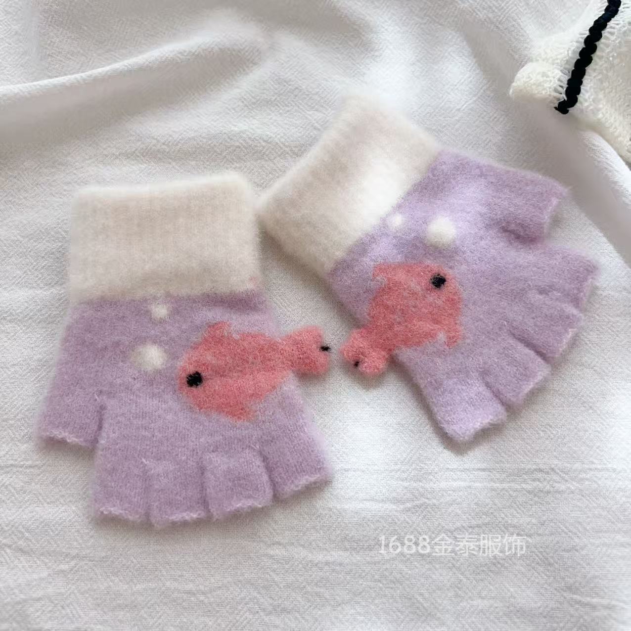 

2-6 лет милые перчатки-рыбки зимние теплые детские перчатки без пальцев мультяшные для мальчика пальцевое вязание цветные перчатки партия 2-6 years old average size фиолетовый