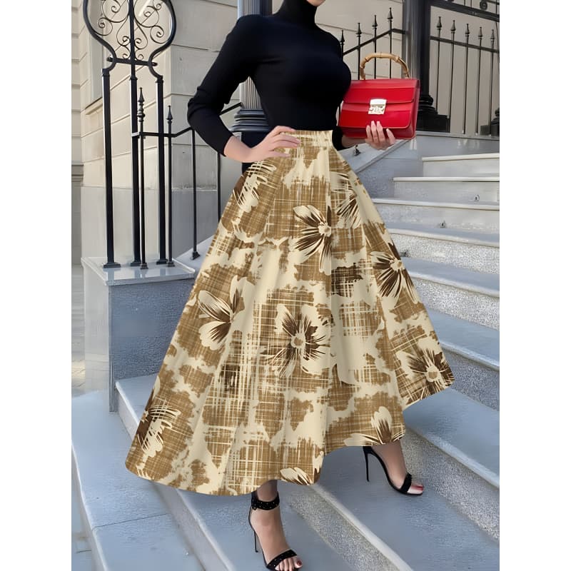 Elegancka i modna spódnica midi damska, casualowa sukienka midi z nadrukiem, modny wzorzysty nadruk, do biura/na relaks/na randkę/na imprezy/na kanapki