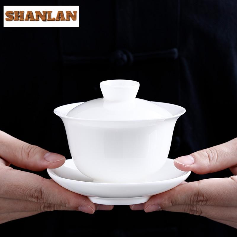 190ml High-end Sheep Fat Jade Porcelain Gaiwan Vintage Thin Tire Three Talents Tea Tureen Tea Maker Cover Bowl Tea Ceremony Gift