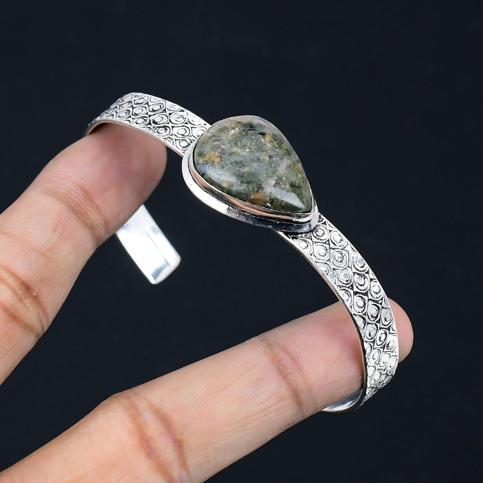 

Sterling Silver Pear Ocean Jasper Gemstone Unique Engagement Trendy New Bangle Adjustable