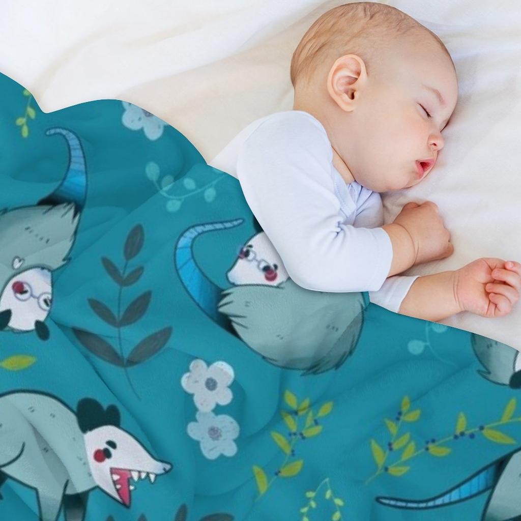 Possum - Cute Blue and Green Cartoon Animal Pattern Throw Blanket Tourist Blankets For Sofas Custom Flannel Fabric Blankets