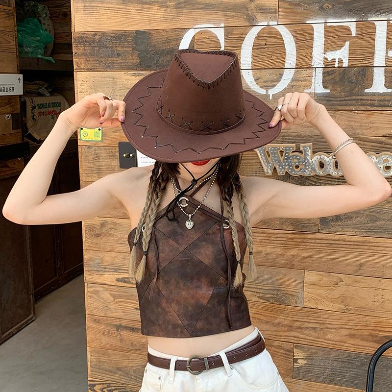 1Pieces Women Men Cowboy Hat Western Suede Cowgirl Hats Fashion West Fancy Dress Party Headwear Unisex Cap Mountaineering Scarf