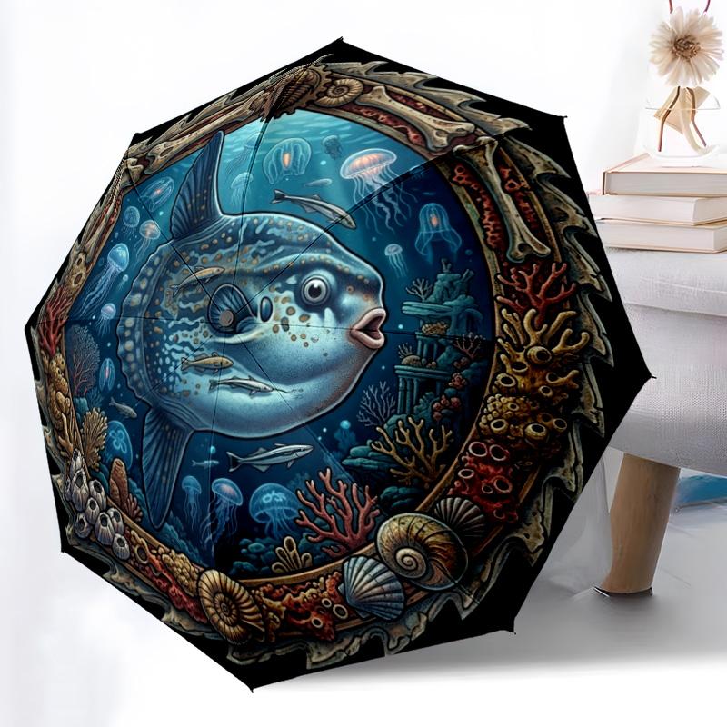 Oceanic Marine Life Emblem pattern umbrella, portable and foldable design, 8 ribs, a casual accessory for Halloween, Christmas, and birthday gifts. разноцветный