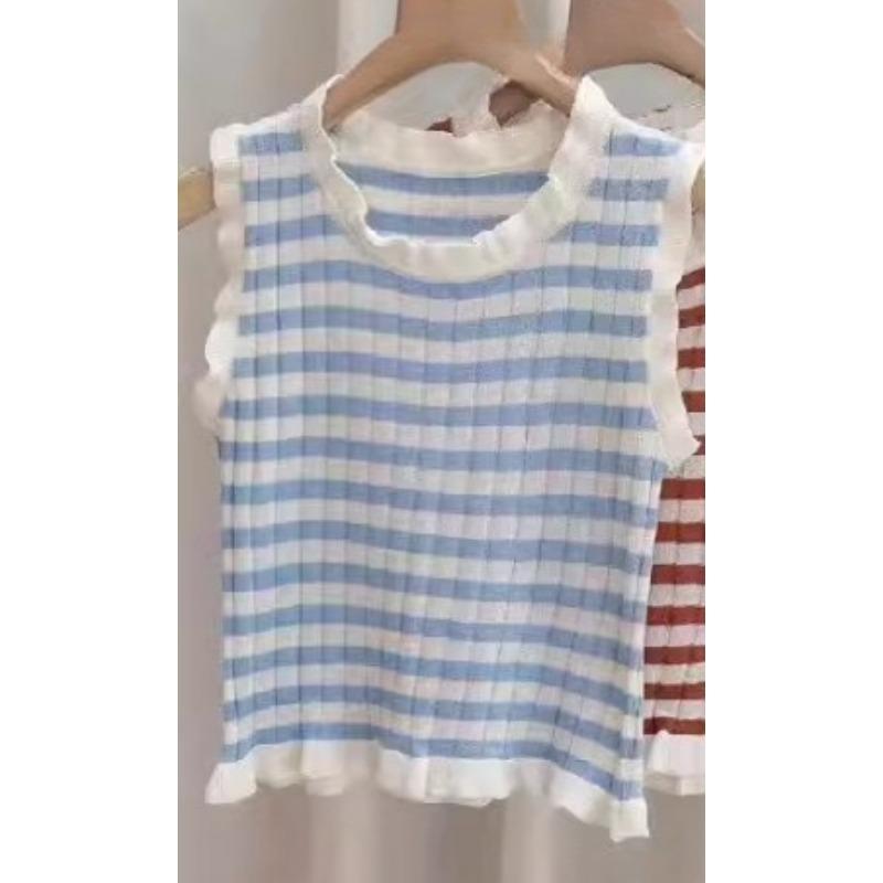Summer New Port Flavor Striped Short Knitwear Top Women Summer Slimming Wooden Ear Edge Halter Small Vest