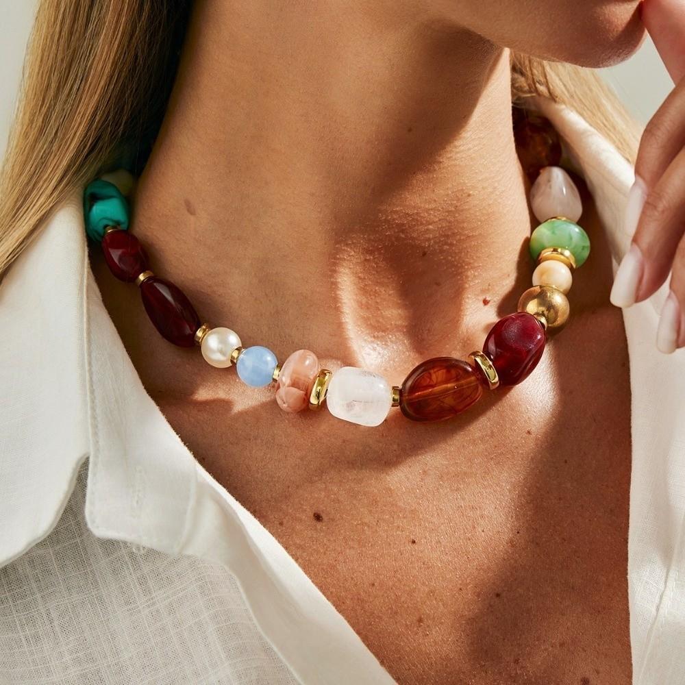 Irregular Shape Resin Beaded Necklace Maillard Style Colorful Resin Necklace Gift Giving