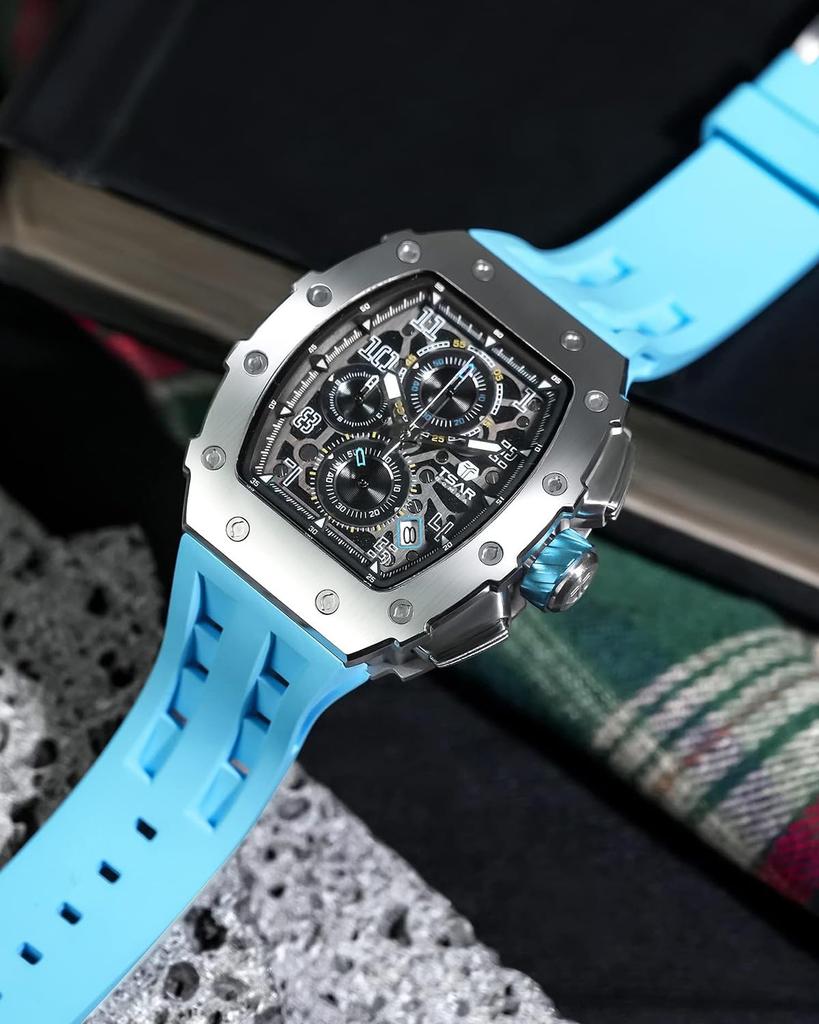 TSAR BOMBA Men's Luxury Tonneau Chronograph Watch 50M Waterproof Skeleton Day-Date Diving Sport Quartz Sapphire Crystal