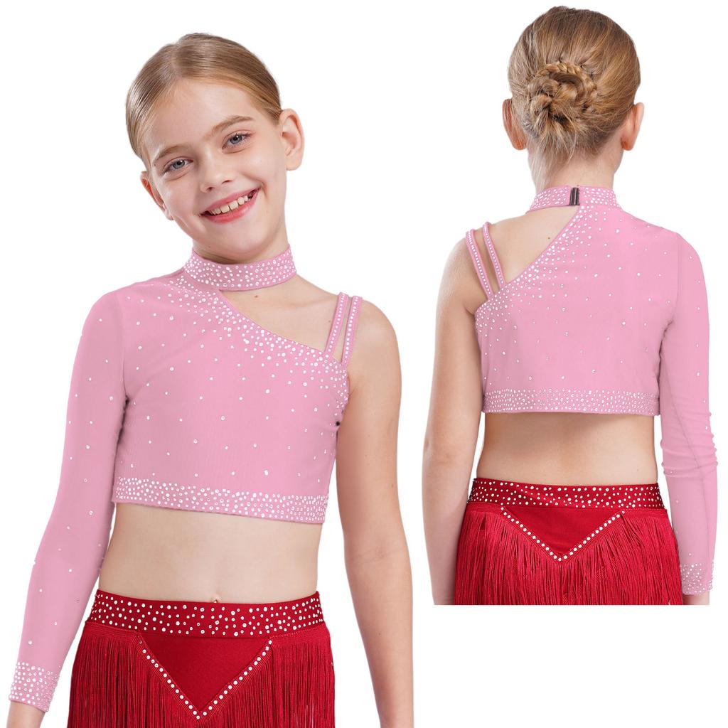 Kinder Mädchen Tanzoberteil Funkelnde Strasssteine Crop Top, Einzigartiges unregelmäßiges Schulterdesign für Bühnenauftritte & Tanzwettbewerbe