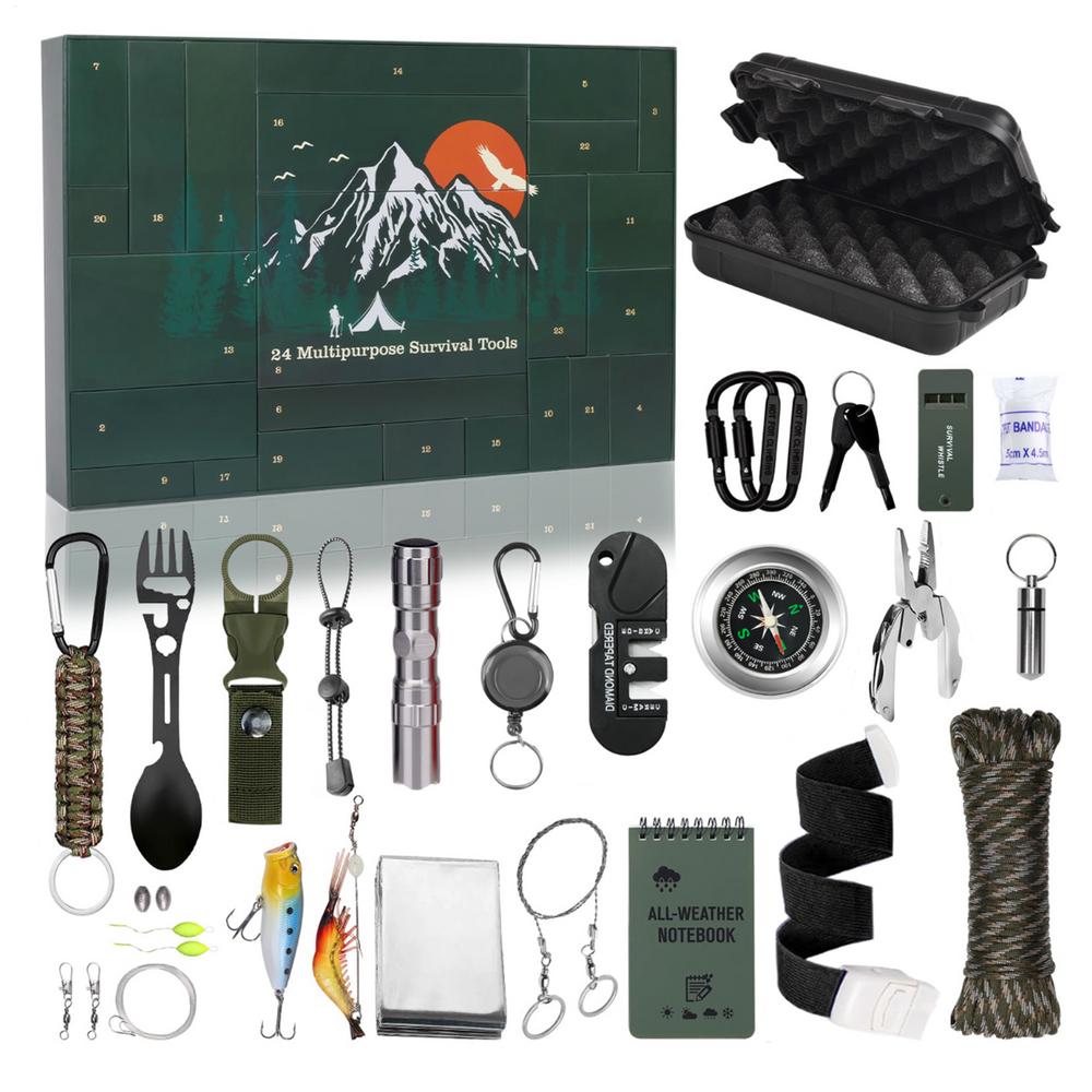 

Survival Kit Countdown Calendar 24 Days Survival Kit Calendar for Men Complete Weather-Resistant Metal Tool Gadget for Holiday L