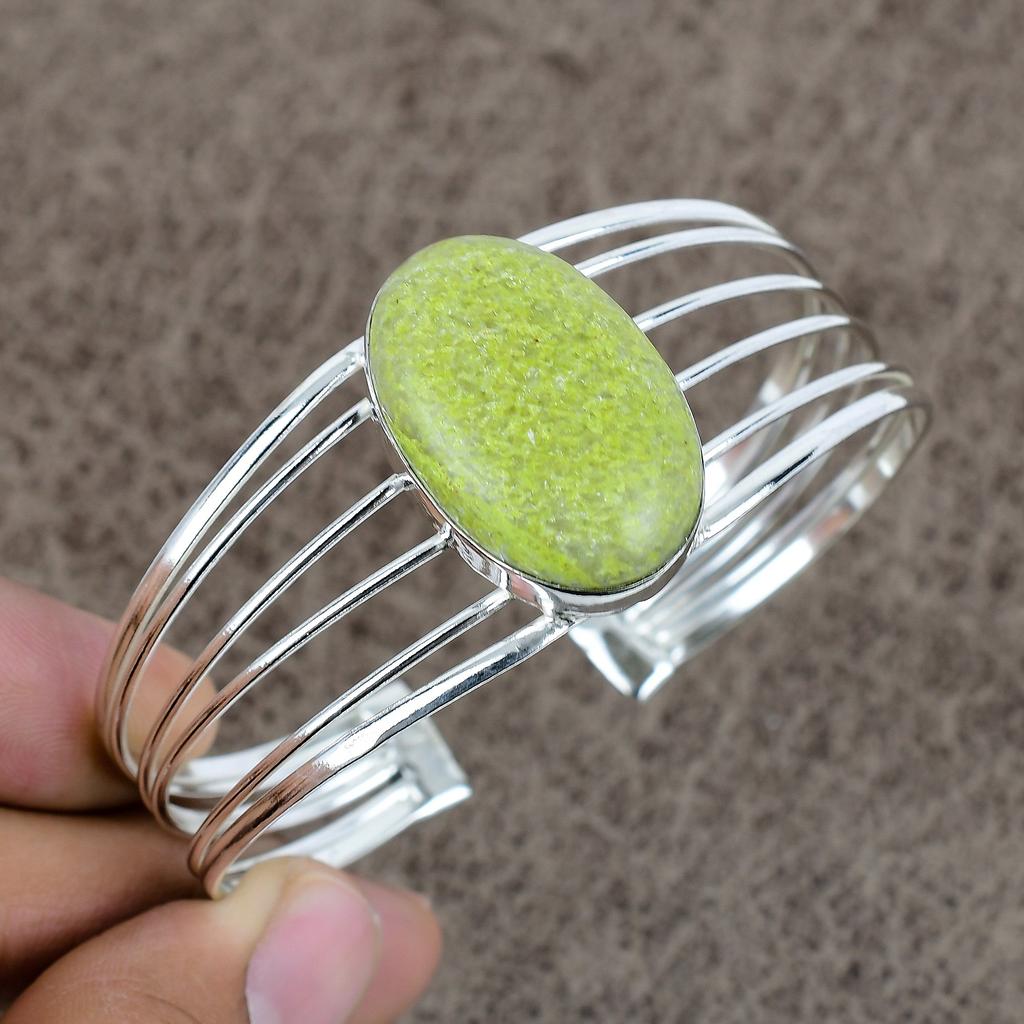 Swiss Green Opal Gemstone 925 Sterling Silver Cuff Bangle Adjustable KKG-218