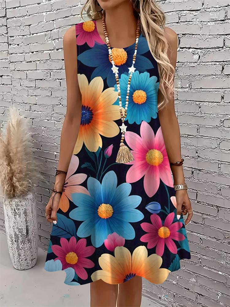 Lässiges Damen Tanktop-Kleid Sommer Ärmellos O-Ausschnitt 3D-Druck Locker A-Linien-Kleid Strand-Westenkleid