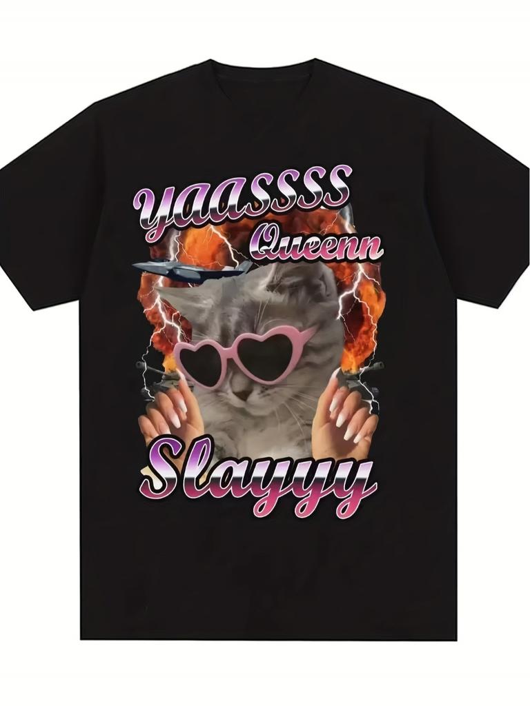 Yas Queen Slay Funny Cat Meme TShirt Black Unisex Short Sleeve Tee with Queen Slay Text Pink Lightning Bolts Glasses