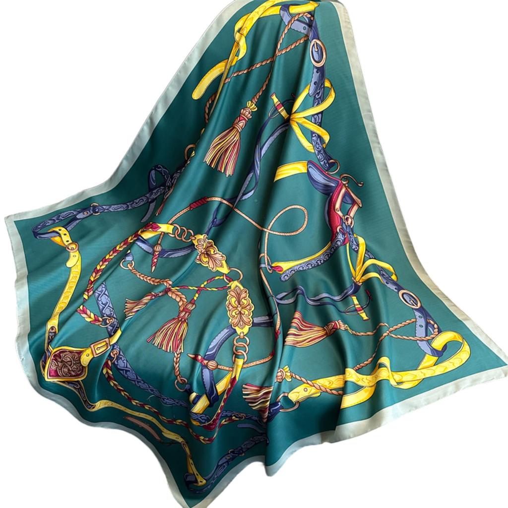 Women' Scarf 90X90 "Emerald Glow" - Green Scarf with Harness Motif Made of Imitation Silk