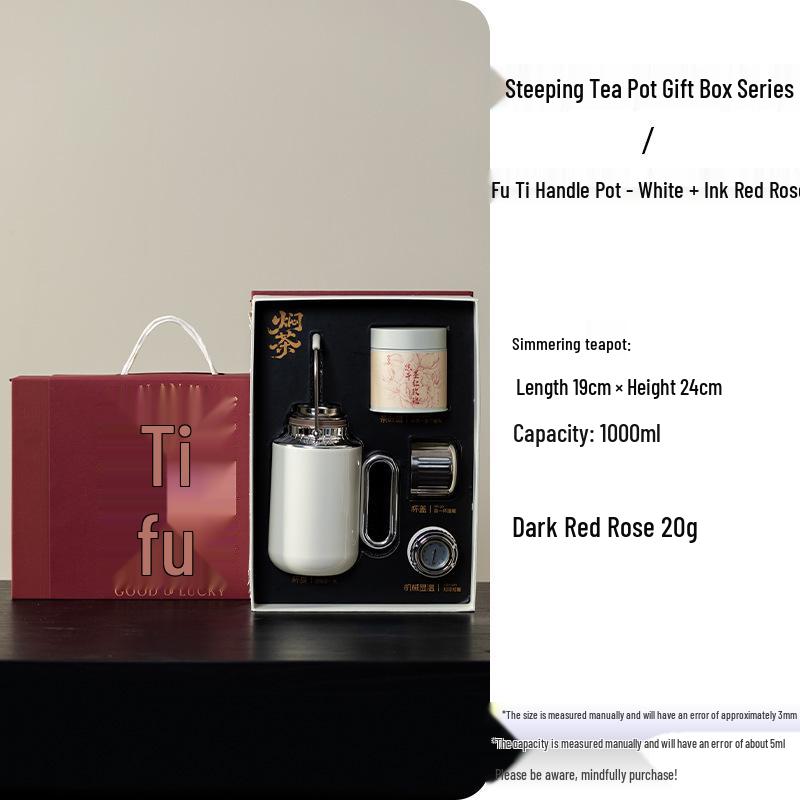 Tang Song White Handle Stewing Tea Pot & Insulated Stainless Steel Water Bottle Gift Set