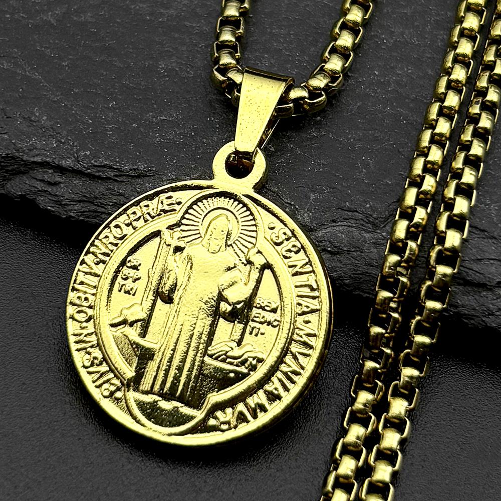 Catholic Saint Benedict Medal Stainless Steel Pendant Necklace for Women Men Gold Color San Benito Chain Necklace Amulet Jewelry
