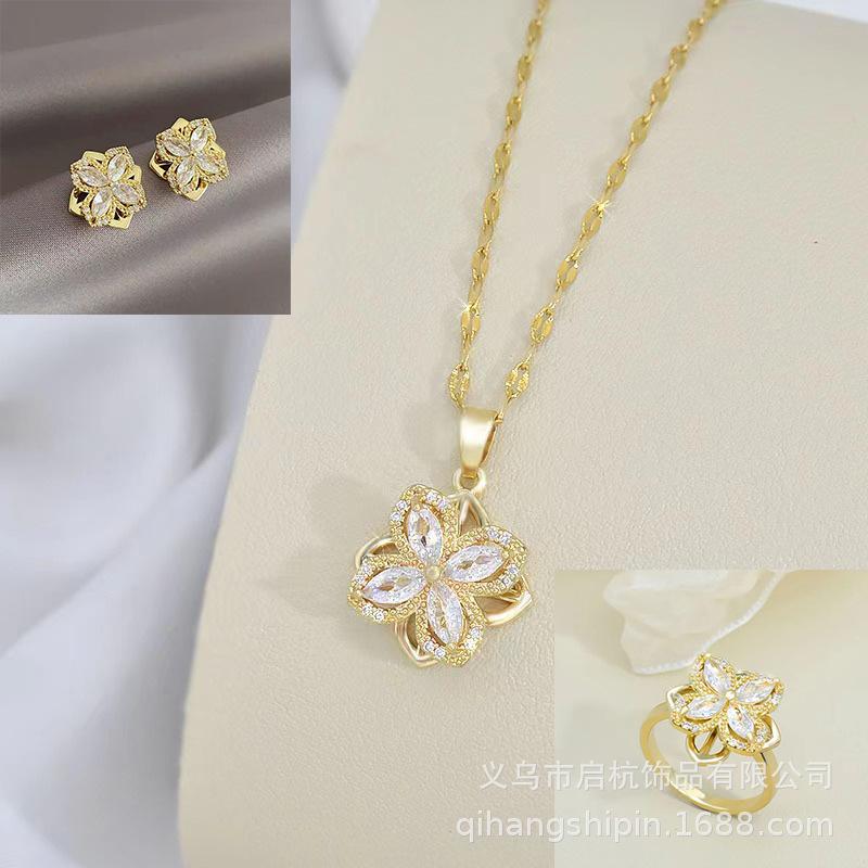 Rotatable Titanium Steel Four-Petaled Flower Necklace, Female Style Fresh And Simple Temperament Inlaid With Zircon Pendant Accessories