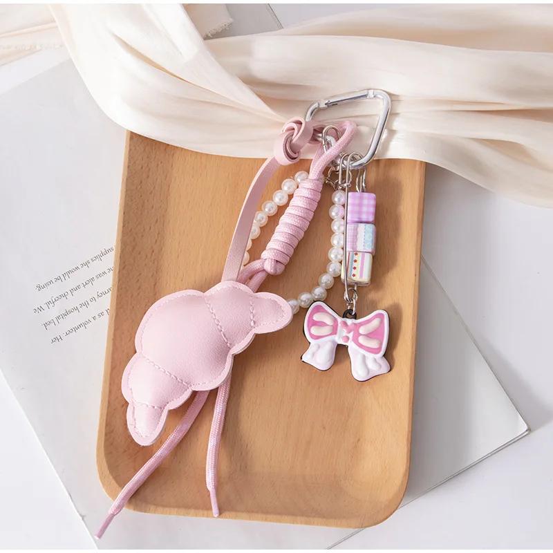Cute Croissant Pendant Light Versatile High-quality Beaded Bag Accessory New Fashionable Simple Bow Shape Braided Rope Keychain