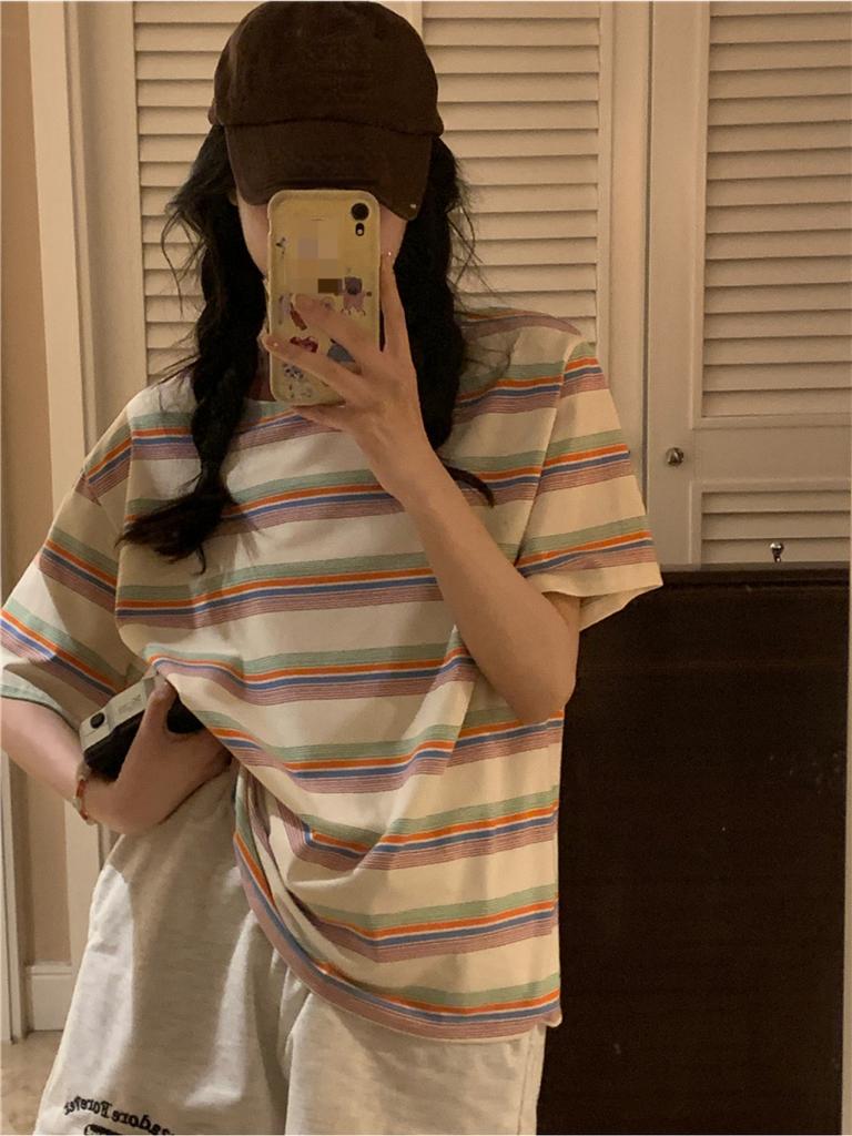 Retro Striped Round Neck Short-sleeved T-shirt Spring and Summer New Women's Loose Short-sleeved T-shirt