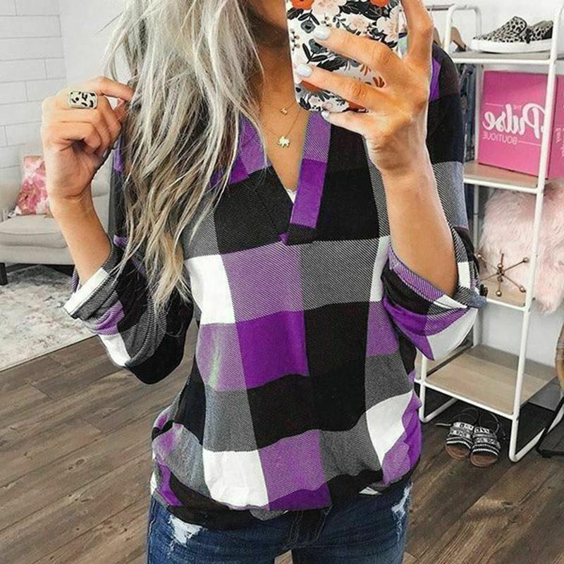 Stylish S-5xl Women's Long Sleeve Plaid T-shirt Blouse With V-neck Design
