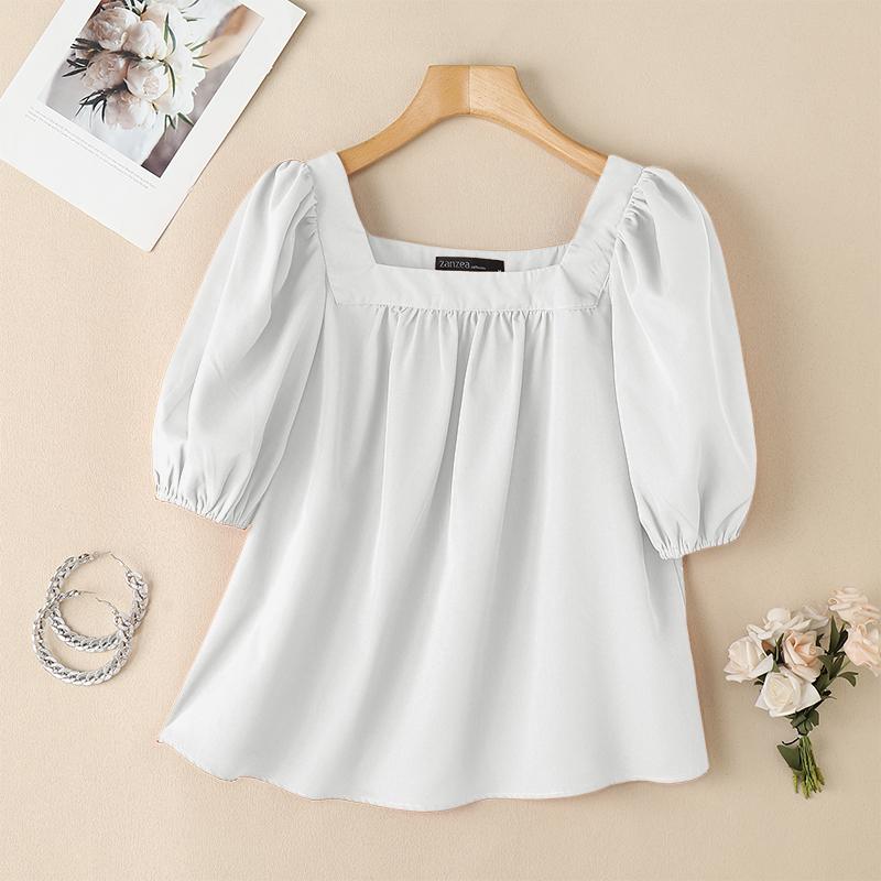 ZANZEA Women Casual Square Collar Summer Short Sleeve Blouse