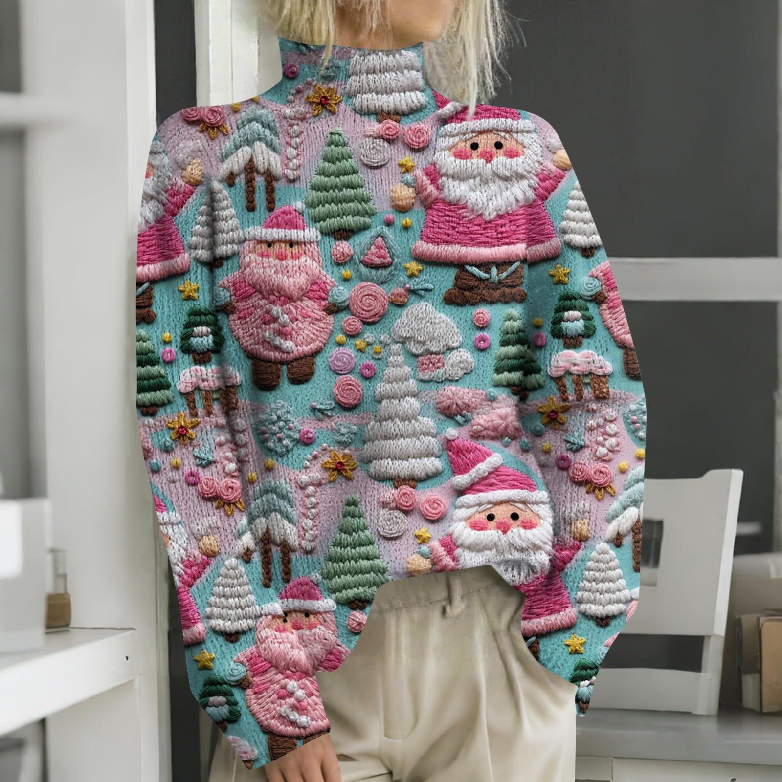 Рождественские толстовки для женщин Вязаный свитер Милая рубашка Осенняя водолазка Пуловер Топы S циан