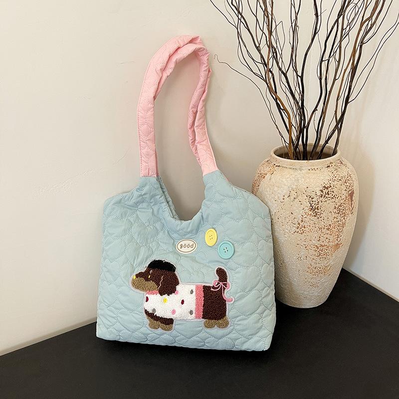 

2024 autumn and winter new embroidery cute puppy love handbag large capacity portable tote bag schoolbag female синій