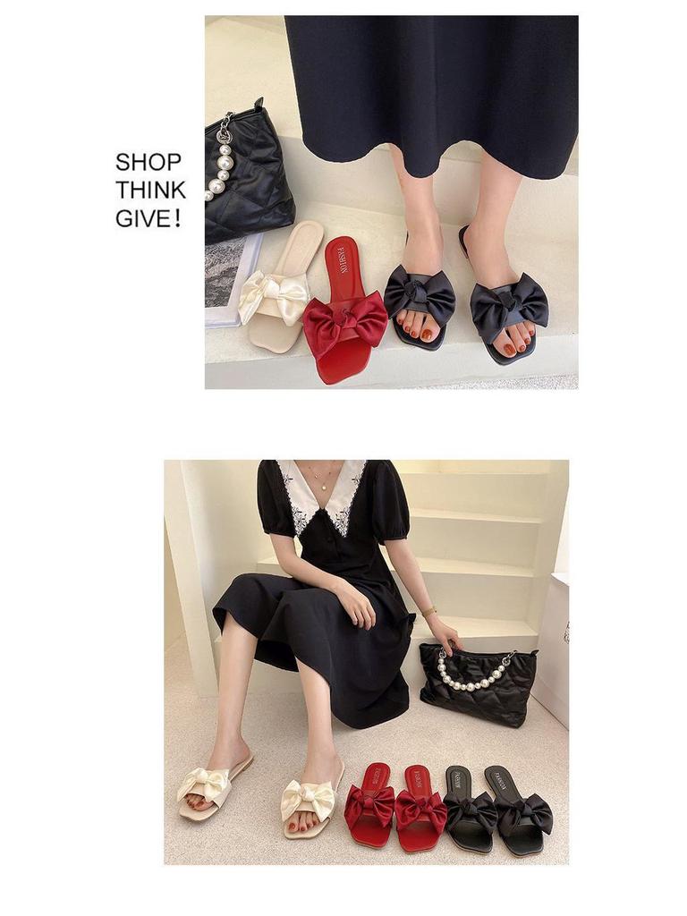 2025 Spring/Summer Women's Square Toe Open Toe Bowknot Slides