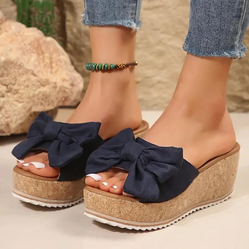 Fashion Women Wedge Slippers Leopard Print Bow Tie Slippers Platform Outdoor Sandals Summer Leisure Large Size Shoes Women Slides Women