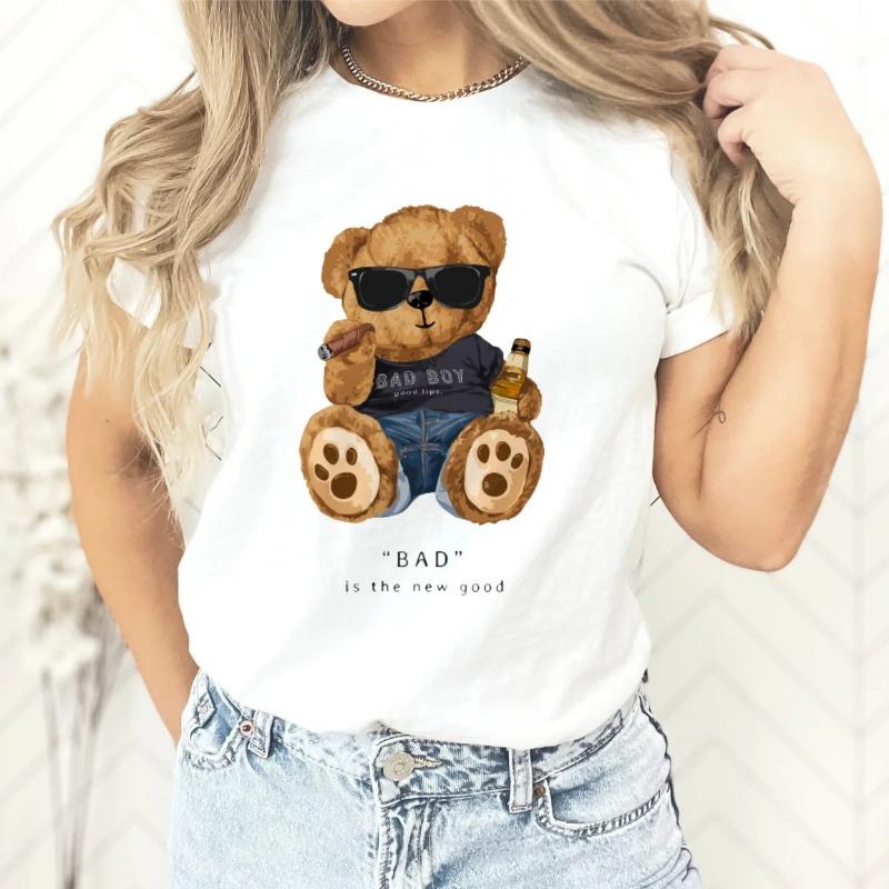 Nuova coppia T-shirt stampata con orsetto di peluche Europa e Stati Uniti Moda Top girocollo Donna Top T-shirt oversize Harajuku