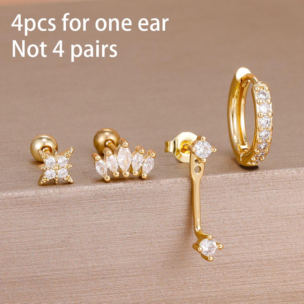 4-teiliges Set Huggie Hoop Ohrringe aus Edelstahl für Damen, Goldfarbe, Einzigartige Zirkonia Blume Ohrstecker Piercing Schmuck