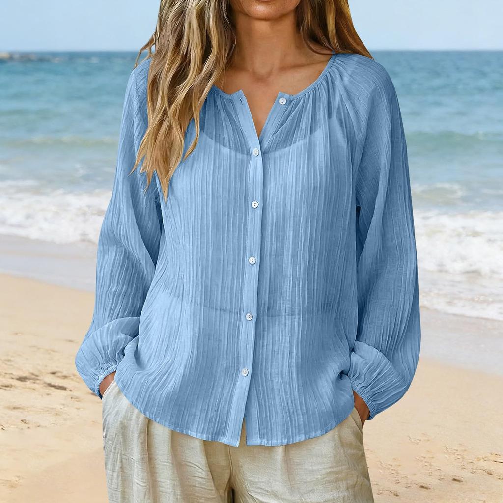 Womens Long Sleeve Button Down Blouse Lightweight Crinkled Fabric Casual Loose Fit Shirt with V Neck Design for Daily Wear