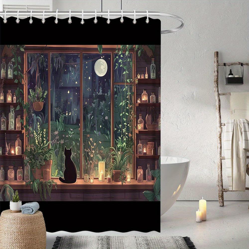 Шторка для душа «Кошка при лунном свете и свечи», Цифровой рисунок, Черная кошка на подоконнике с растениями и свечами, Звездное ночное небо, 12 крючков W90xH180cm