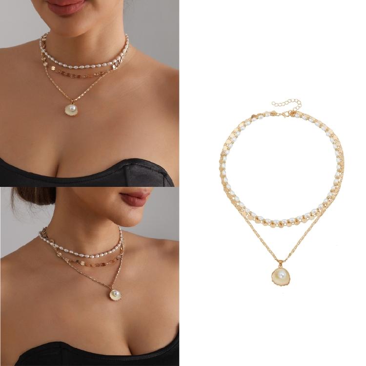 Versatile Geometric Shell Pearls Drop Necklace Adjustable Alloy Collarbone Chain For Creative Styling Expression