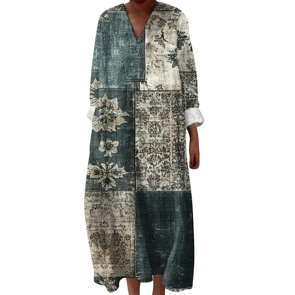 Dámské ležérní a módní šaty s dlouhým rukávem s květinovým potiskem a výstřihem do V šaty s dlouhým rukávem