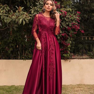 Women Elegant Round Neck Lace Pleat Long Sleeves Bride Bridesmaids Wedding Long Dress Gorgeous Party Maxi Ball Gowns