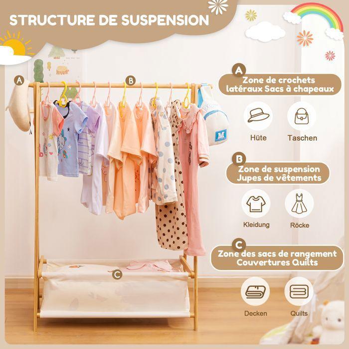 YORBAY Porte-manteau en bambou pour enfants avec boîtes de rangement, Portant à vêtements pliable, 86x36x106cm