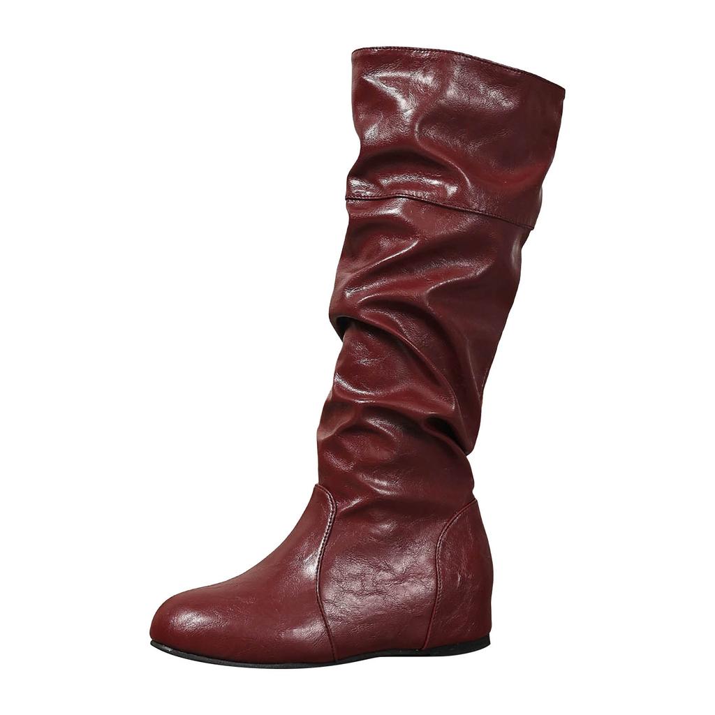 Women's Knee High Boots Round Toe Wide Calf Slip On Chunky Riding Boots For Women Low Heel Belted Thigh High Boots for Women