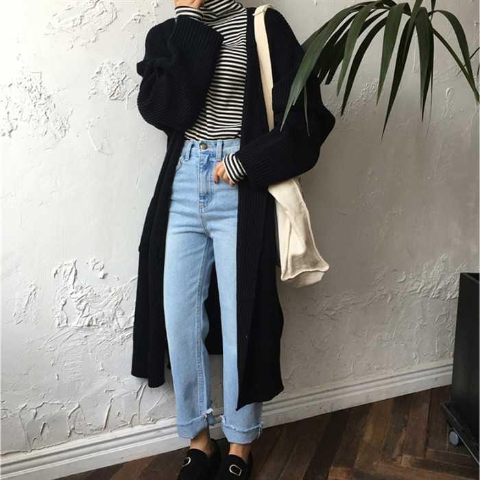 Cardigan lung pentru femei Harajuku pulover tricotat lejer, ocazional, jachetă neagră supradimensionată, haină