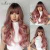 ALAN EATON Synthetic Wigs Long Wavy Hairstyle Pink Color Full Wigs with Bangs for Women Heat Resistant Fiber Wig