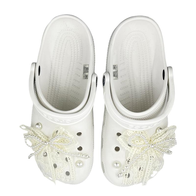 Crocs Classic Clog SIN3A Pearl Girl Ribbon Romantic Hole Shoes Unisex White
