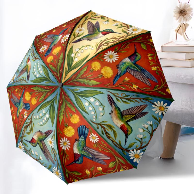 

1pc Sturdy 8-Bone Auto Umbrella, Vibrant Hummingbird Umbrella, Digital Printed, Foldable Umbrella for On-the-Go Outdoor Use