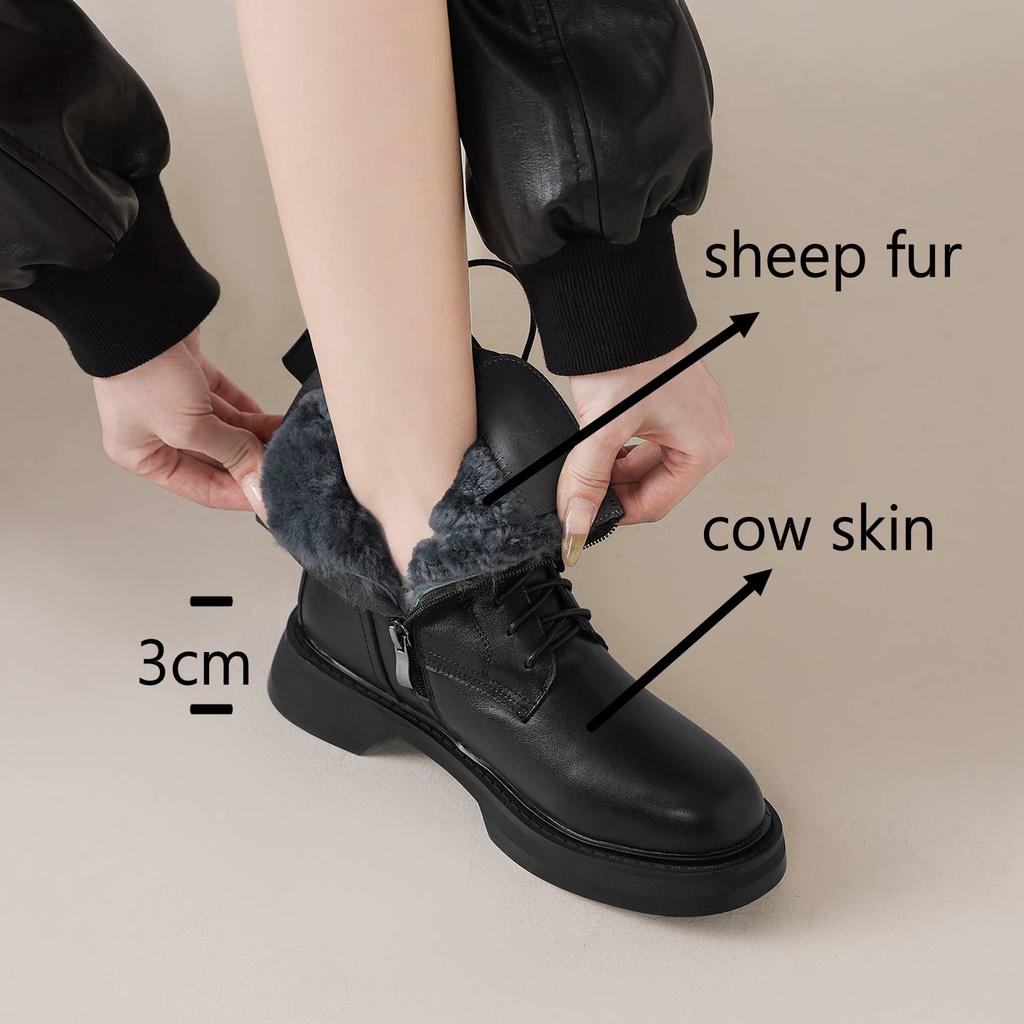 Krazing Pot Cow Skin Natural Fur Autumn Winter Shoes Thick Heels Western Boots Round Toe Keep Warm Lace Up Ankle Boots