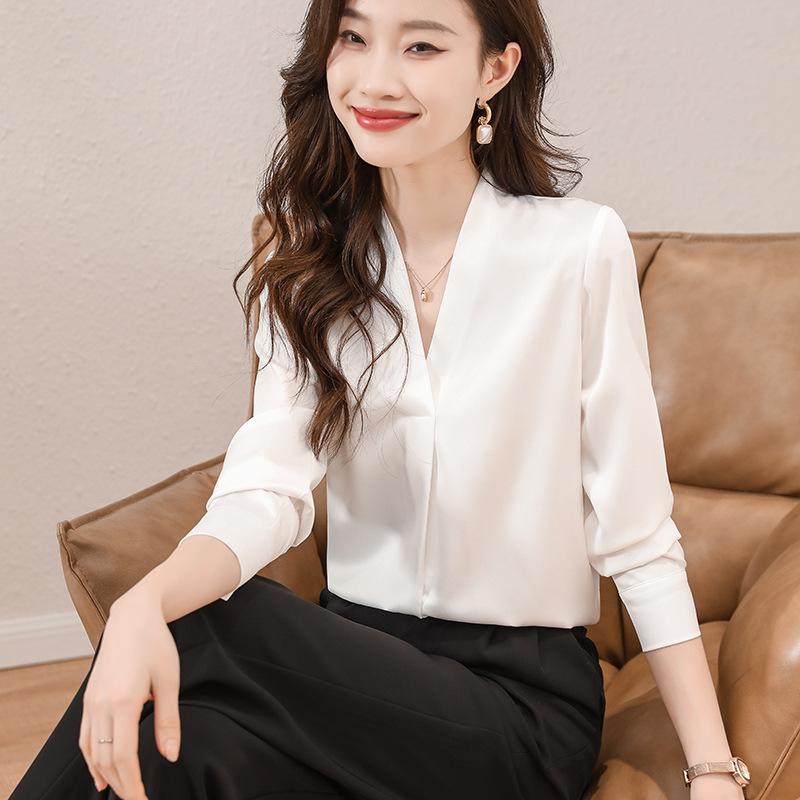 White Satin V-Neck Long Sleeve Shirt for Women - 2025 Autumn French Design